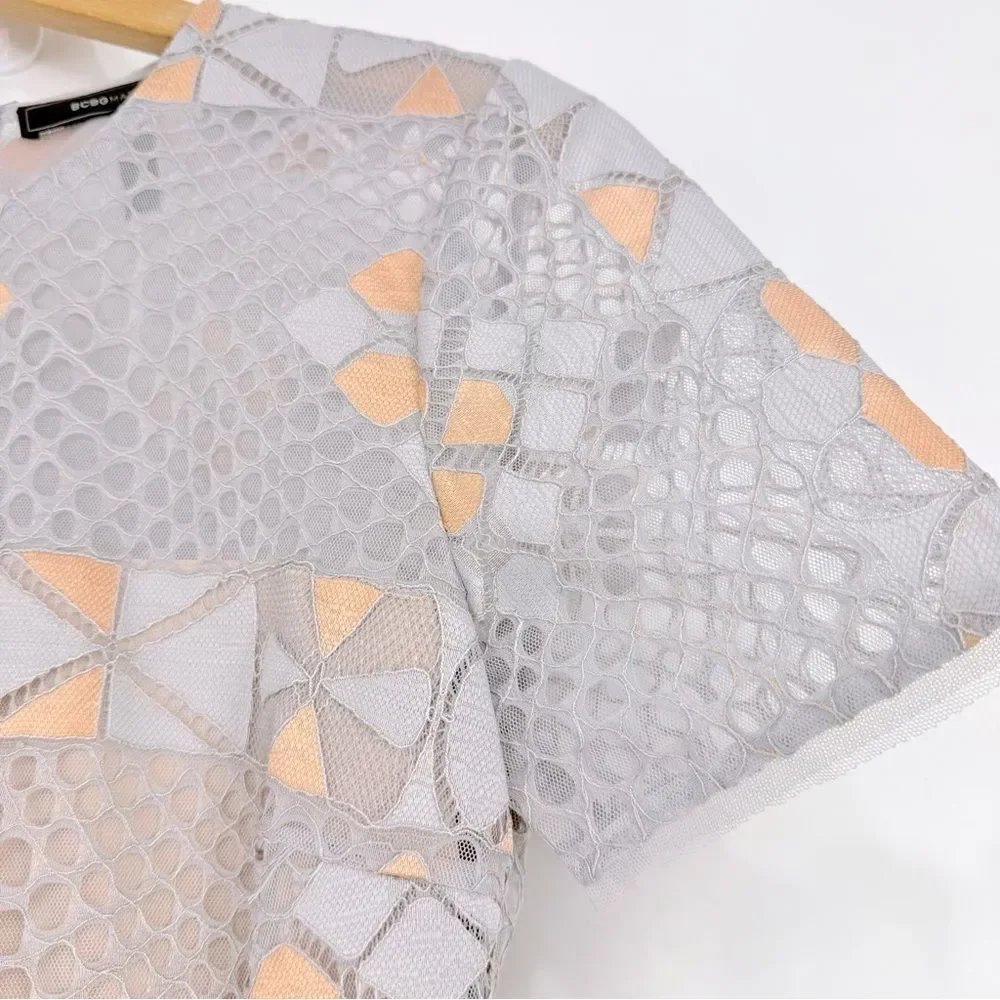 BCBGMAXAZRIA Light Dusk Contemporary Geometric Lace Mesh Overlay Peplum Blouse